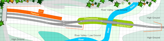 The only confirmed items on this plan are the track layout and the point where the river passes underneath